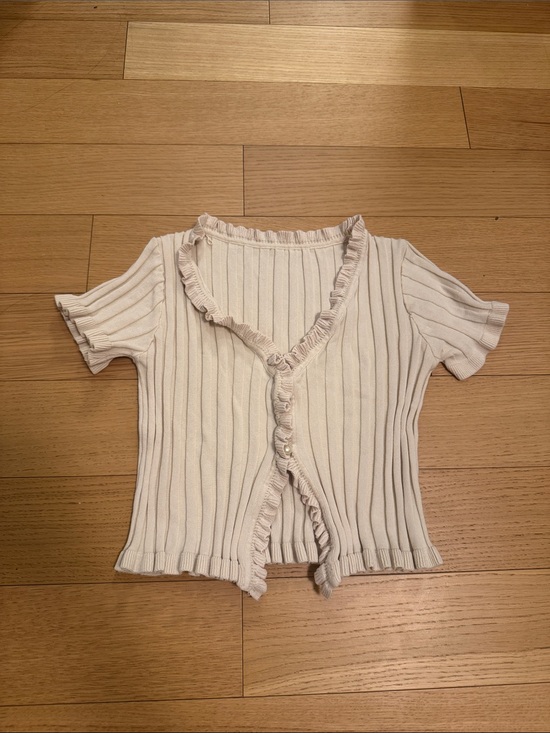 Tops - Women Cream Ruffle-Trim Ribbed Knit Top